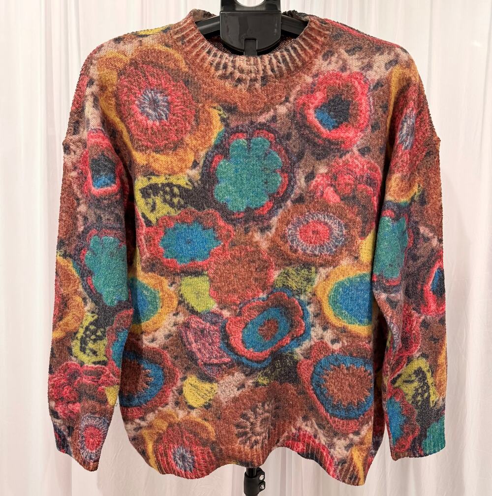 Women's Floral Abstract Print Knit Sweater Colorful Boho Artsy Crewneck Size L